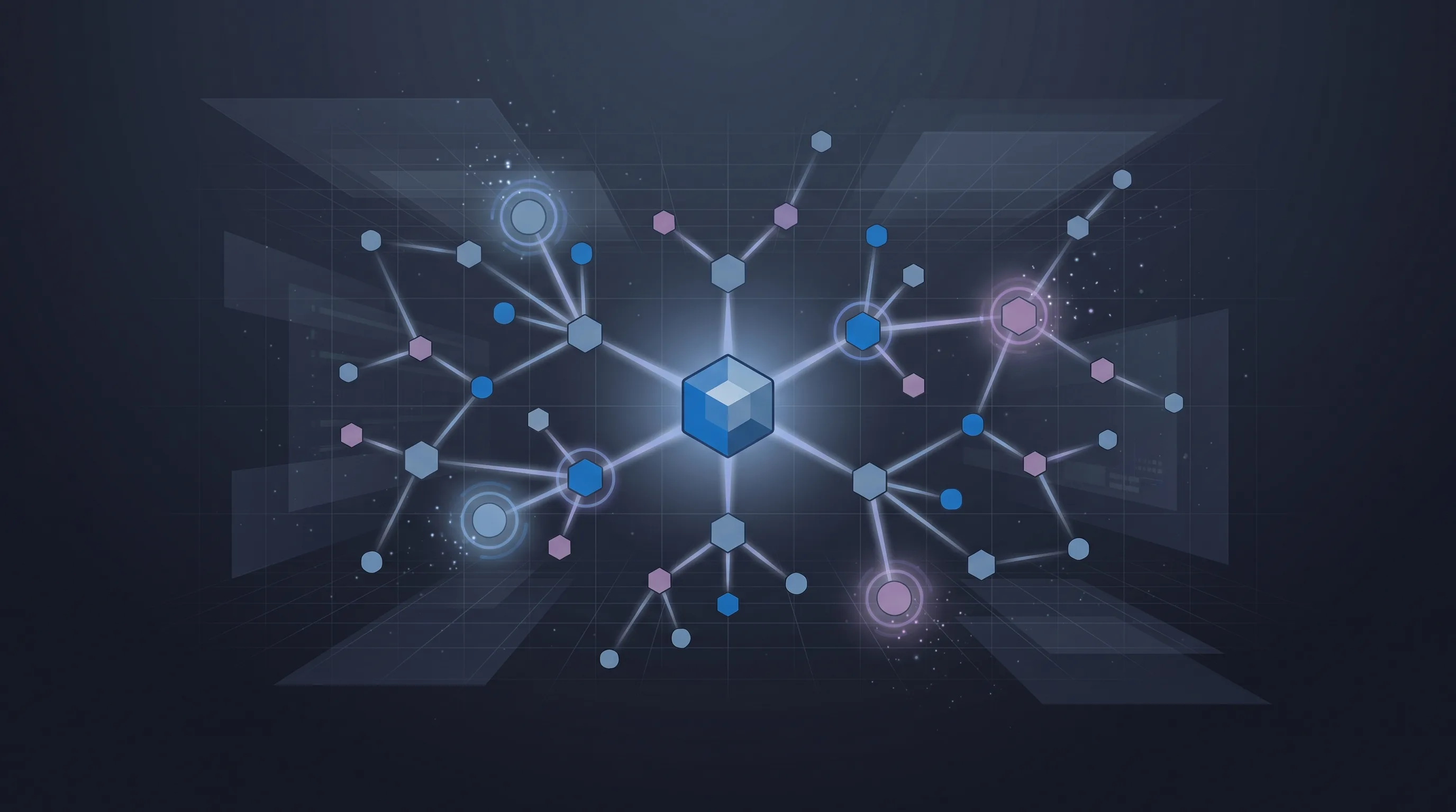 Conceptual illustration of a luminous knowledge graph with a central blue hub node connected by glowing edges to many surrounding nodes in blue, steel, and soft purple, representing an AI assistant's context graph of its own work memory.