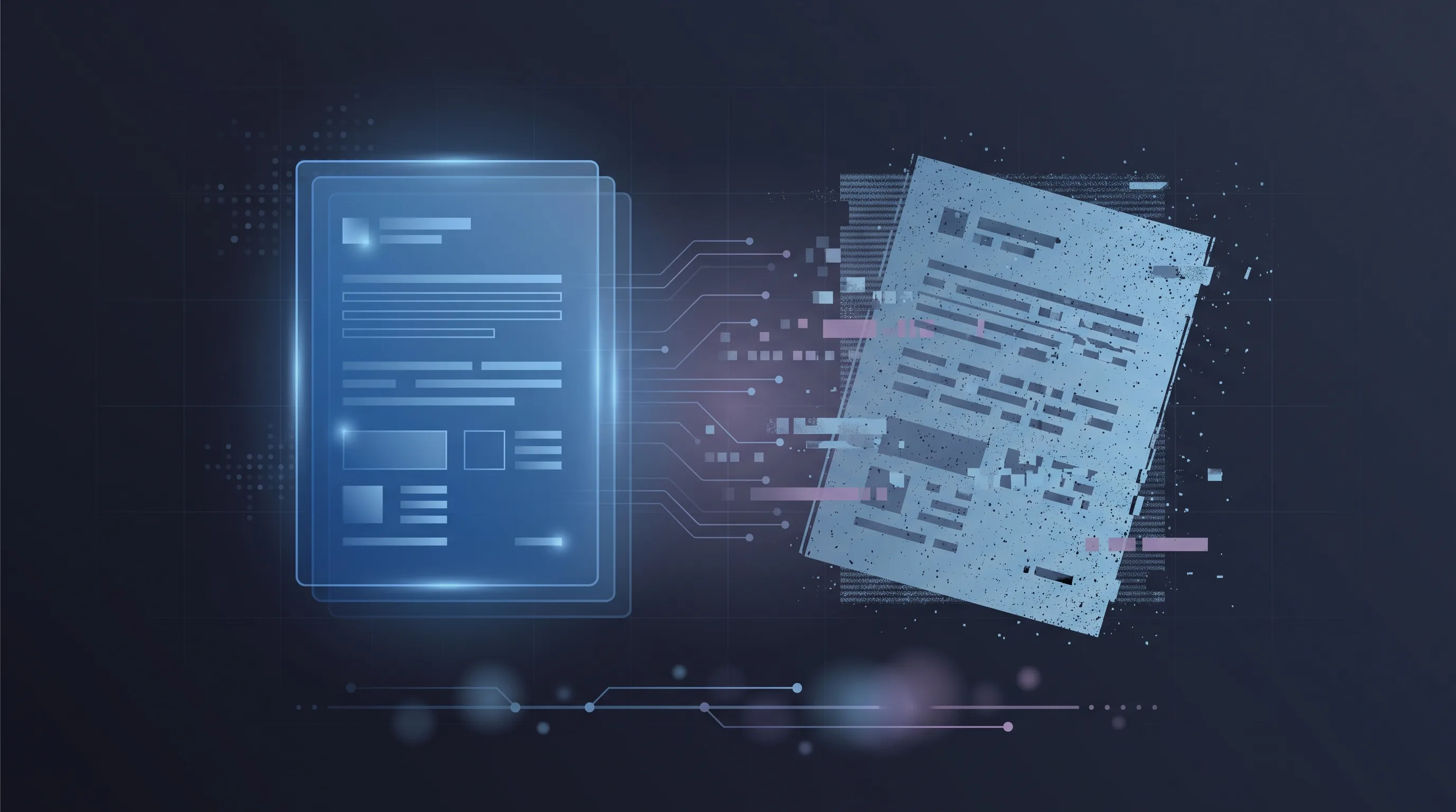 Conceptual illustration of a clean document transforming into a noisy, skewed, low-quality scanned copy.
