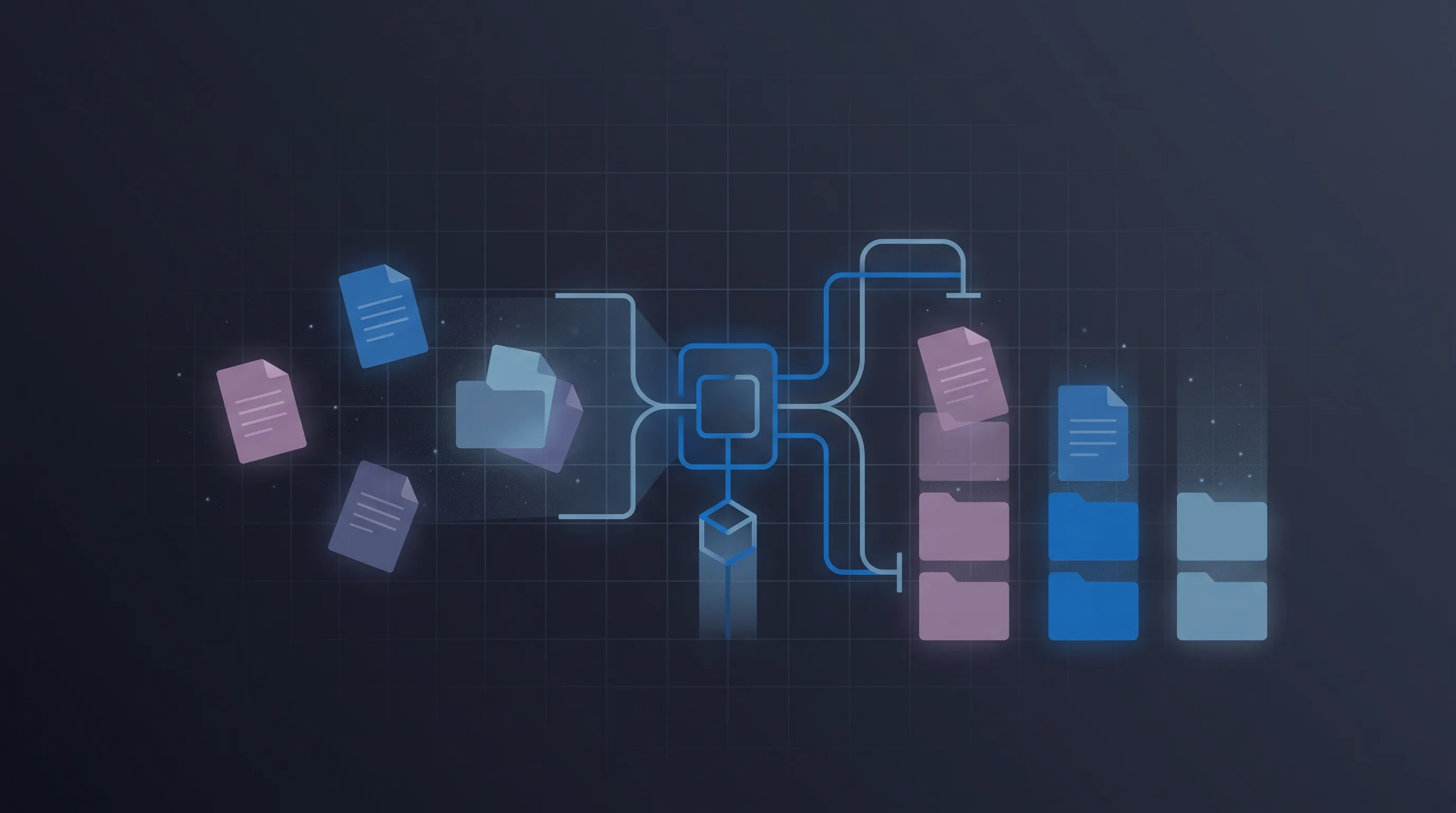 Conceptual illustration of scattered document and folder shapes being automatically sorted into neat organized stacks, representing a file-organizing utility.