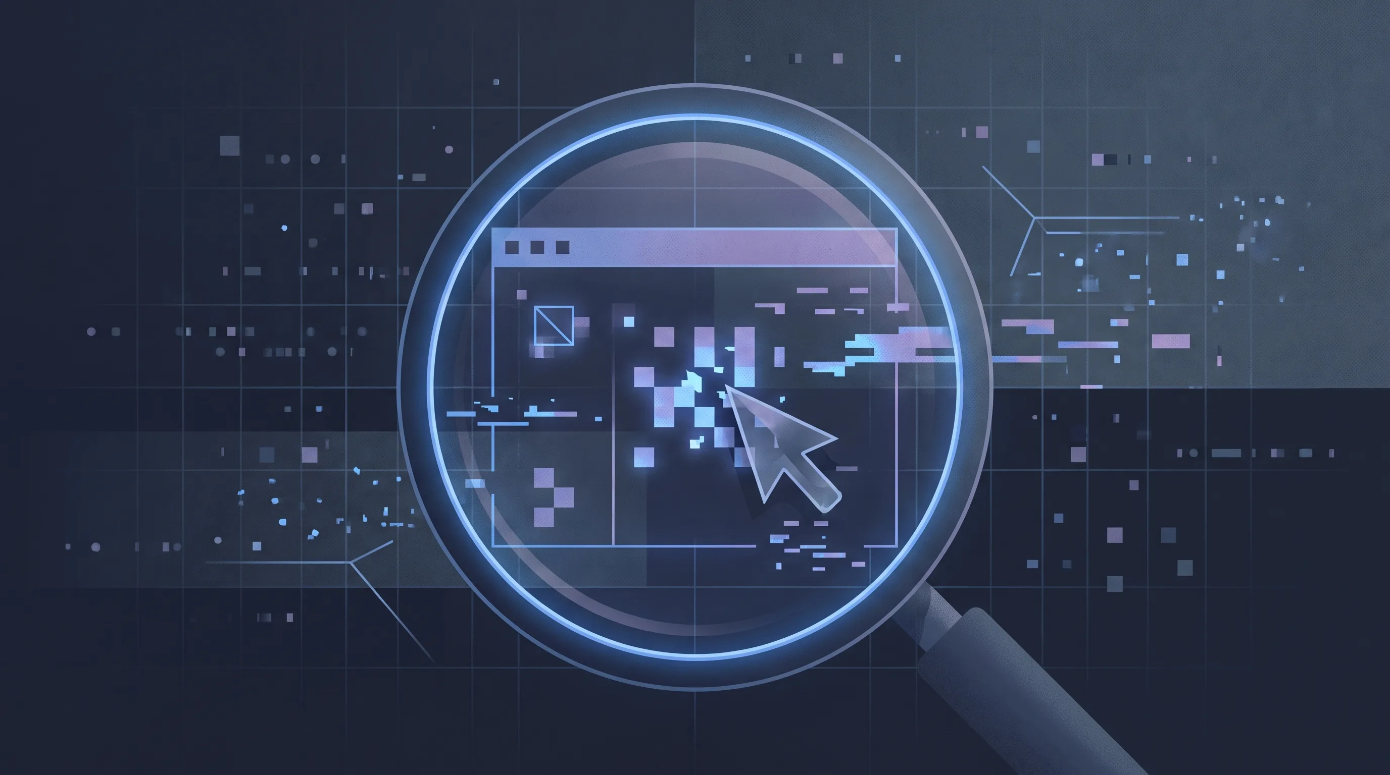 Conceptual illustration of a forensic magnifier over an image revealing hidden synthetic-pixel artifacts, representing detection of AI-generated images.