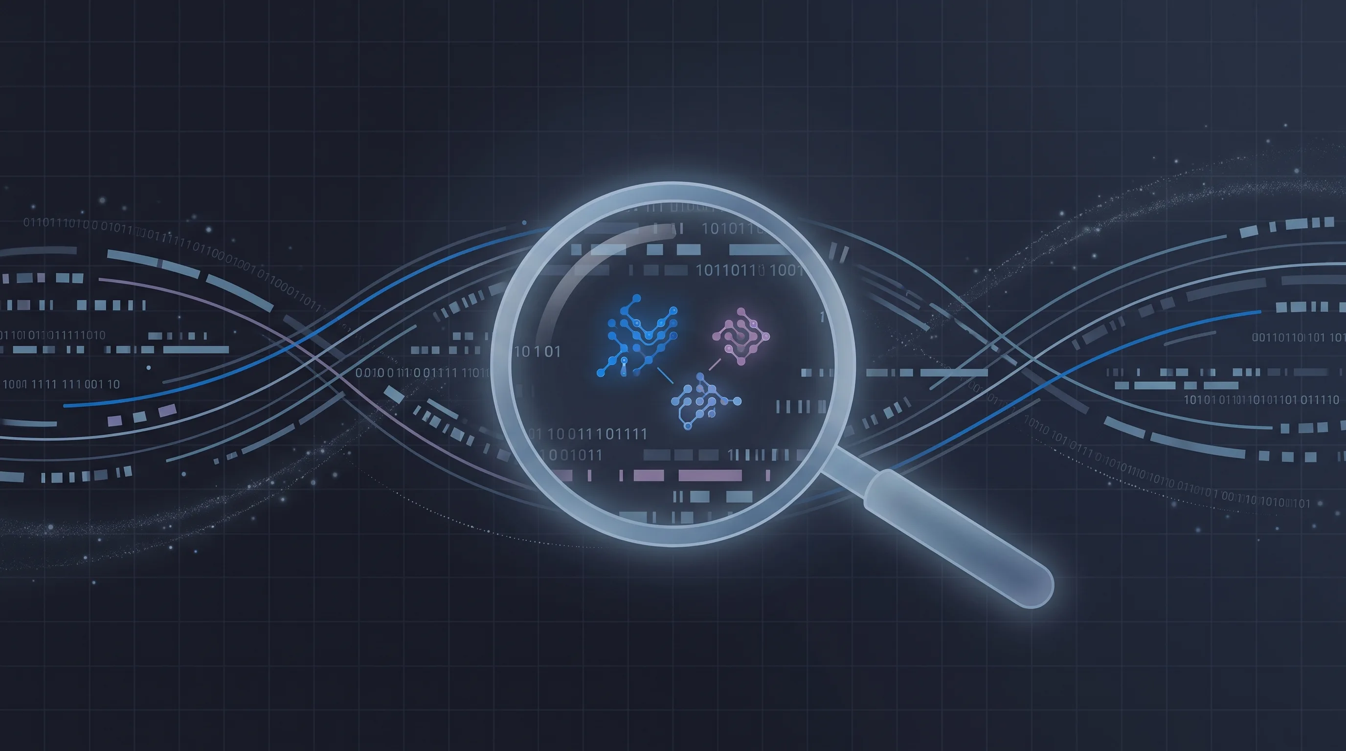 Conceptual illustration of a magnifier highlighting matching patterns within streams of abstract code, representing malware-detection rules.