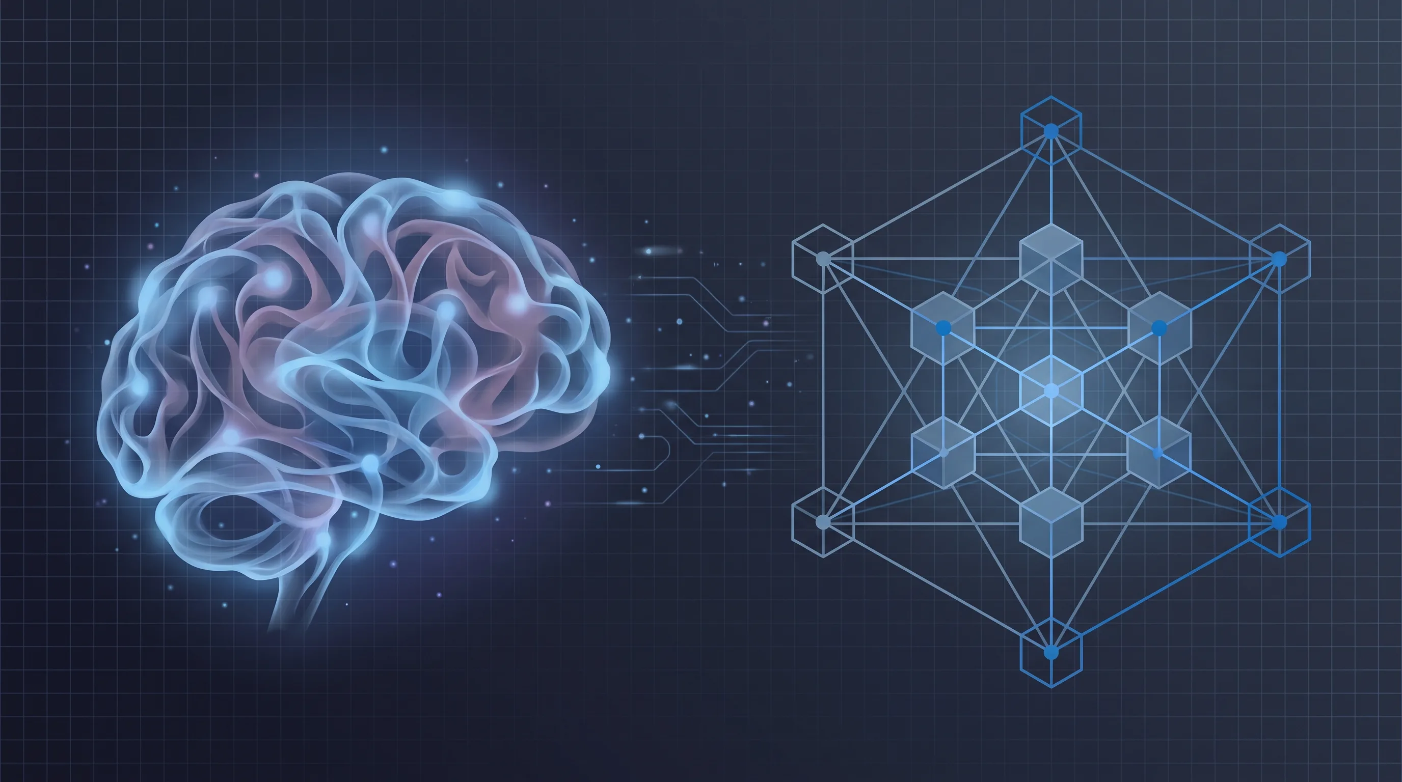 Conceptual split illustration contrasting an organic human mind on one side with a geometric machine-intelligence lattice on the other.