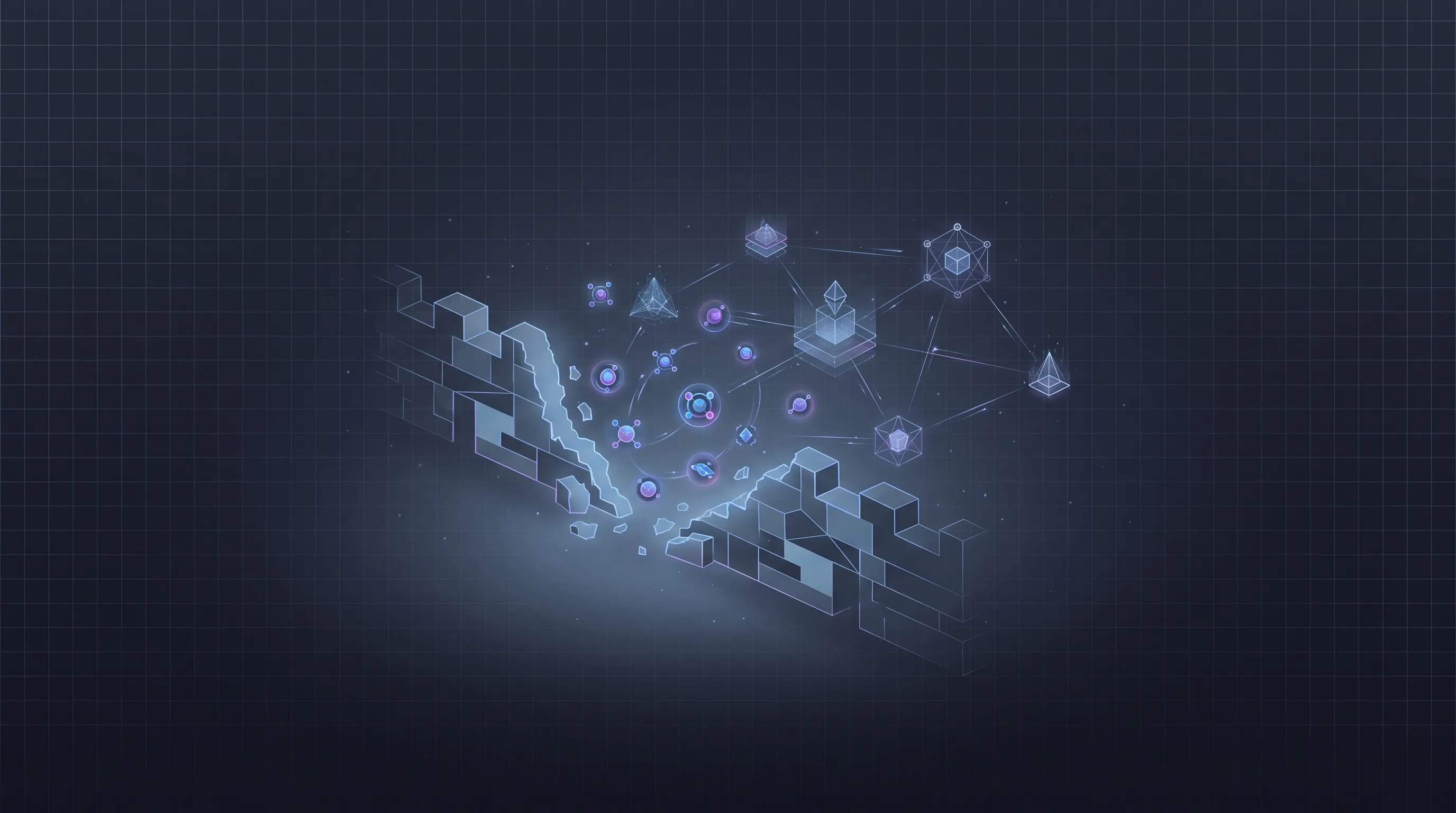 Conceptual illustration of a dissolving perimeter wall giving way to identity tokens orbiting network nodes.