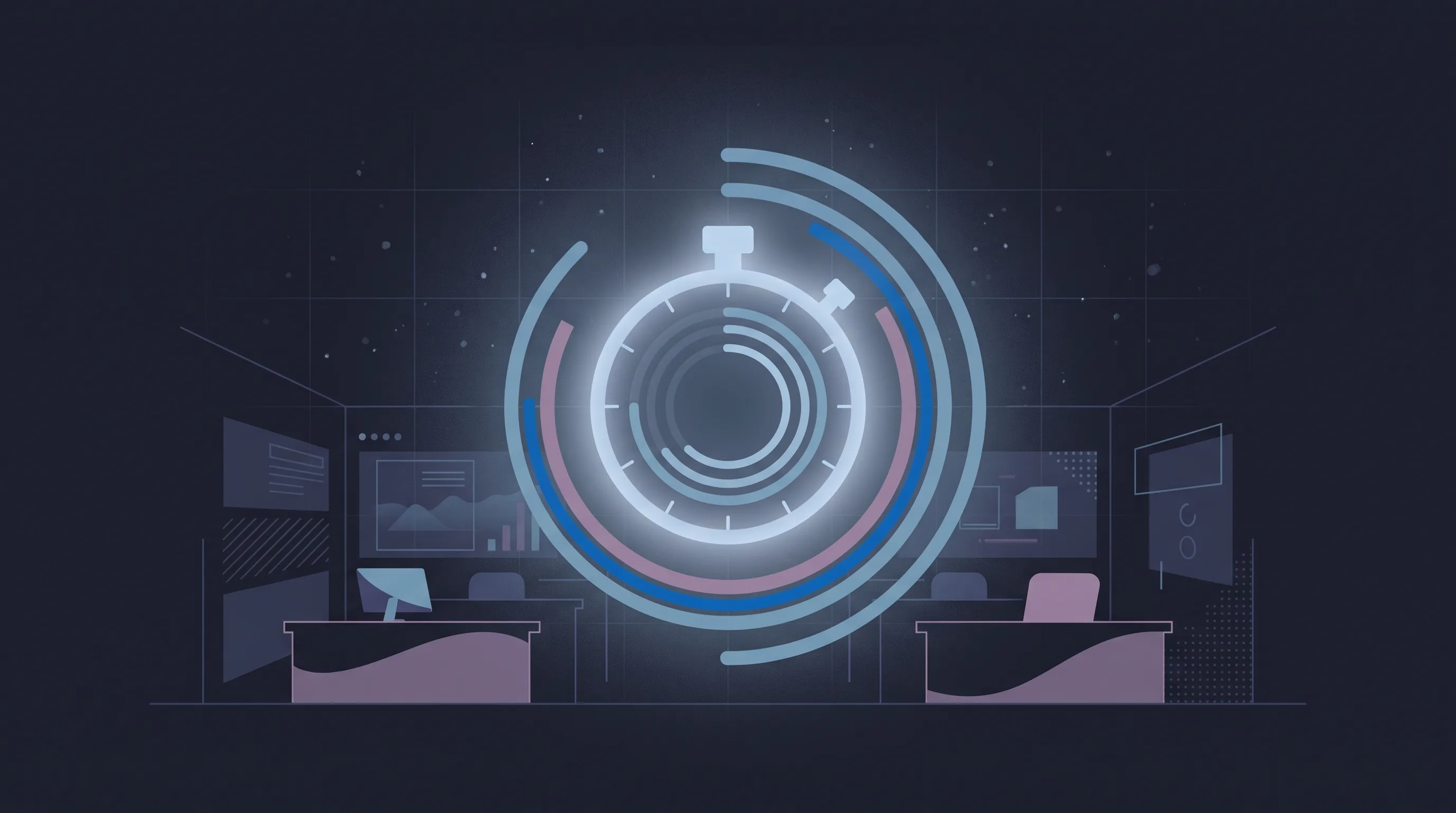 Conceptual illustration of a glowing abstract stopwatch and concentric countdown rings, representing a training timer tool.