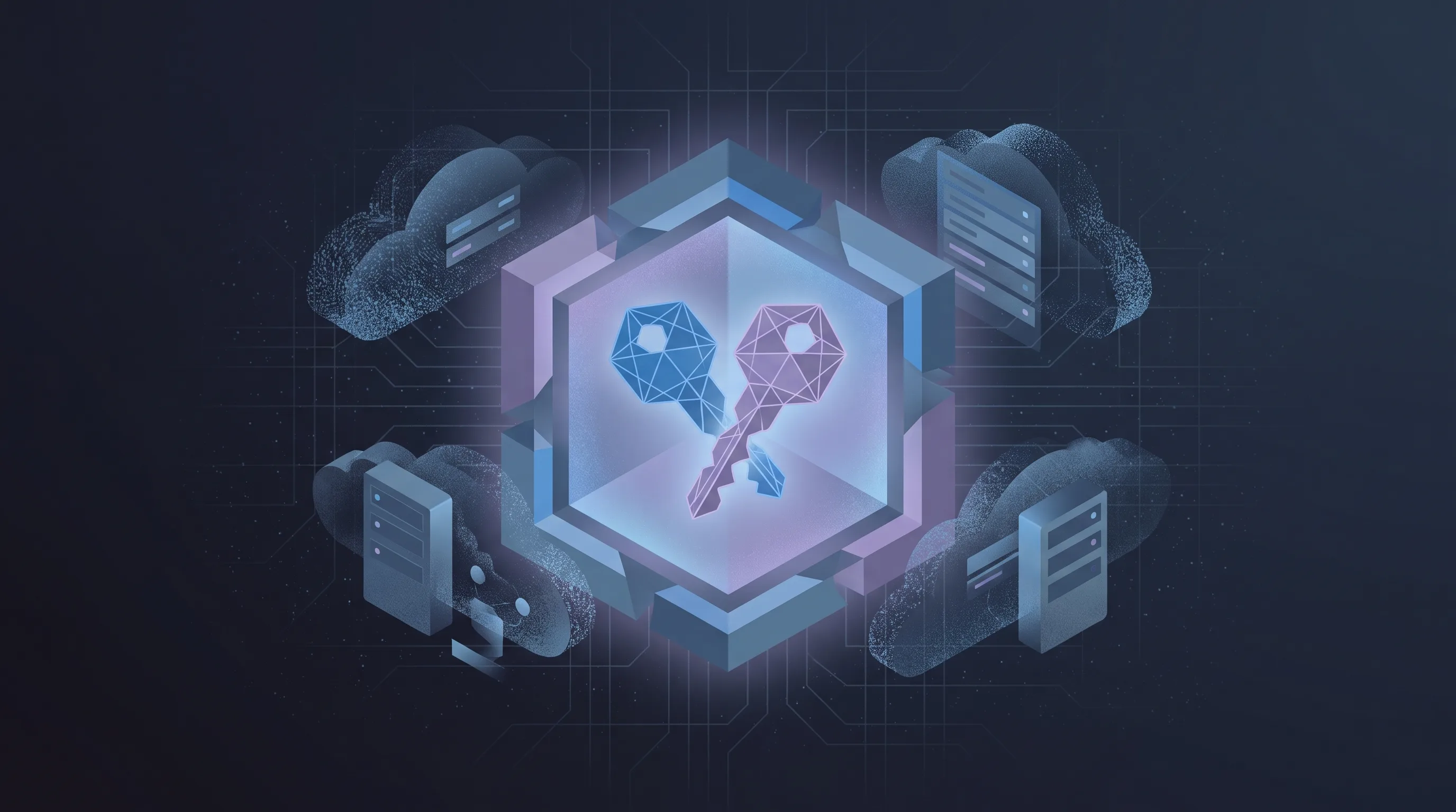 Conceptual illustration of cryptographic key shapes secured within a vault among floating cloud and server forms.