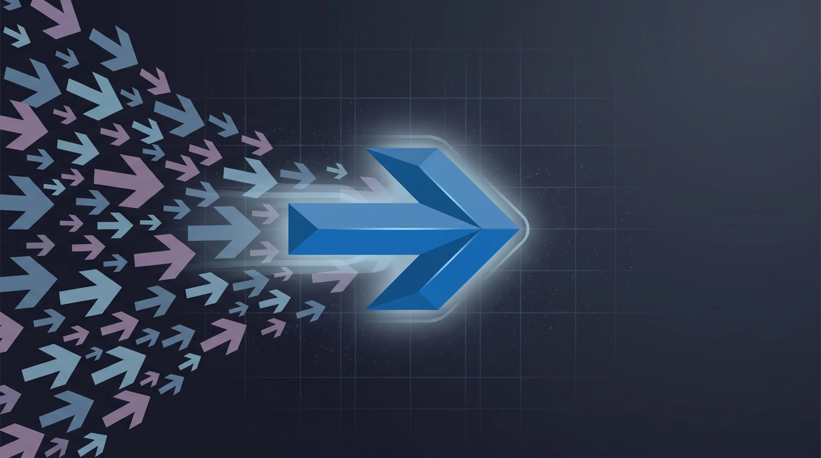 Conceptual illustration of a single arrow-like form moving upstream against a current of opposing arrows, representing taking ownership of professional growth.
