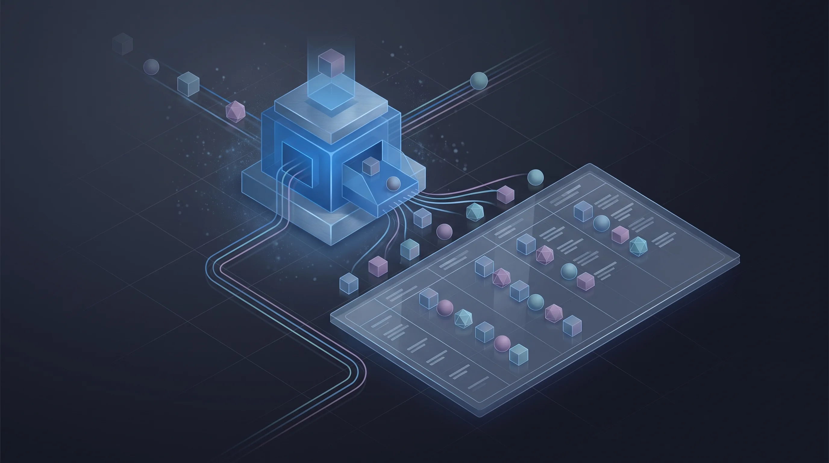 Conceptual illustration of an automated system organizing many small task tokens onto an orderly board, representing AI task management.