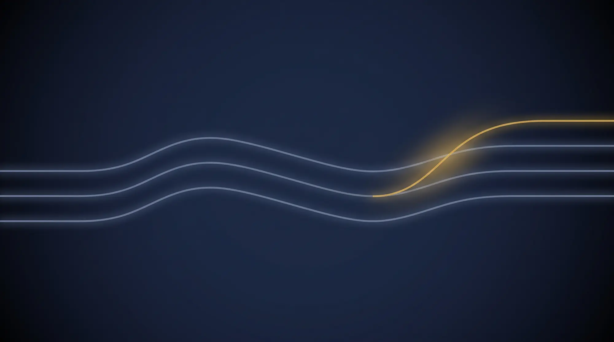 A deep navy field crossed by three thin pale slate lines that all trace the same gentle S-shaped contour. A fourth line in warm gold begins at the middle slate line about two thirds of the way across, rises steeply through the others with a soft glow around the bend, and levels off above them at the right edge.