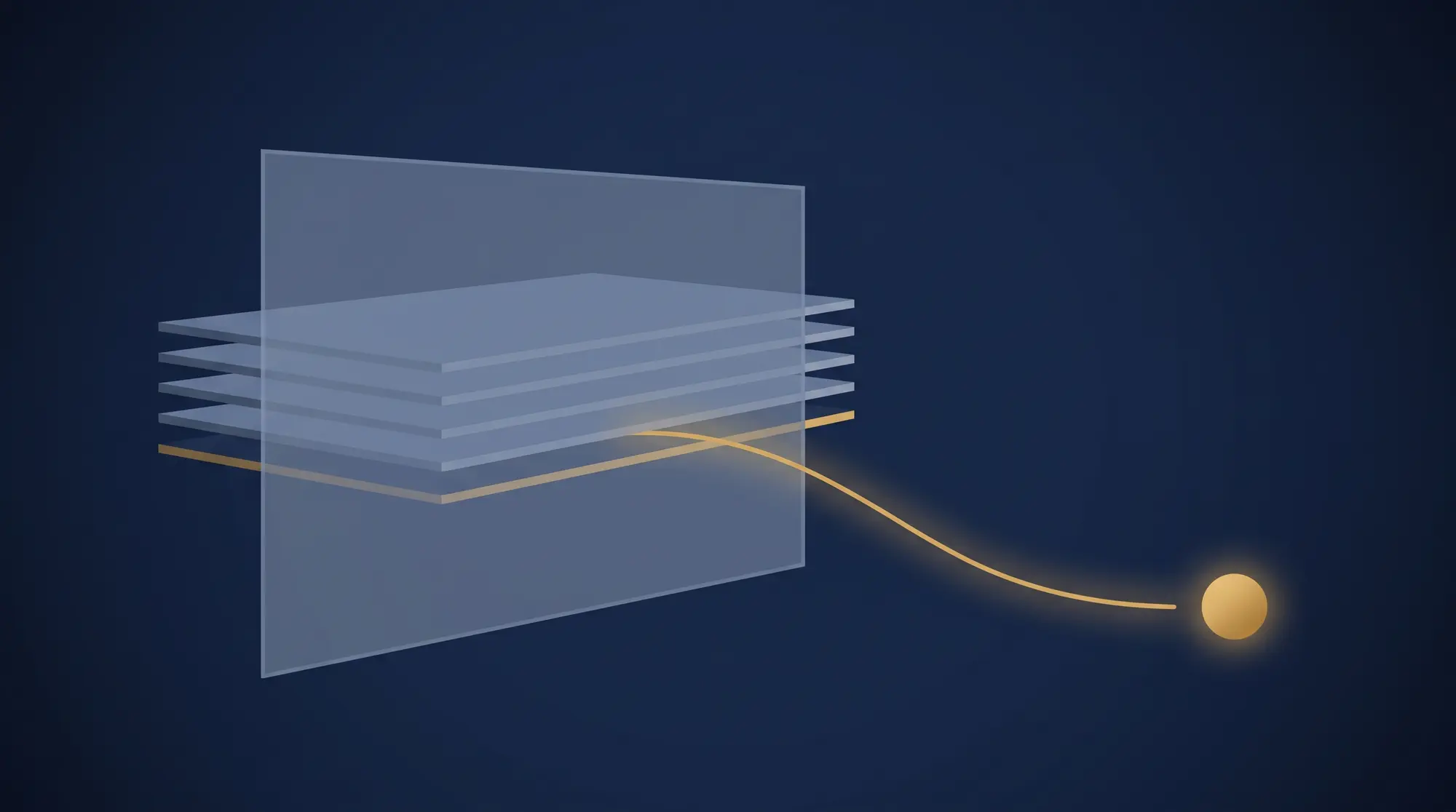 A deep navy field with a pale slate glass pane hiding a stack of thin layered bars, and a single thin gold line slipping out from behind the pane toward a small gold sphere.