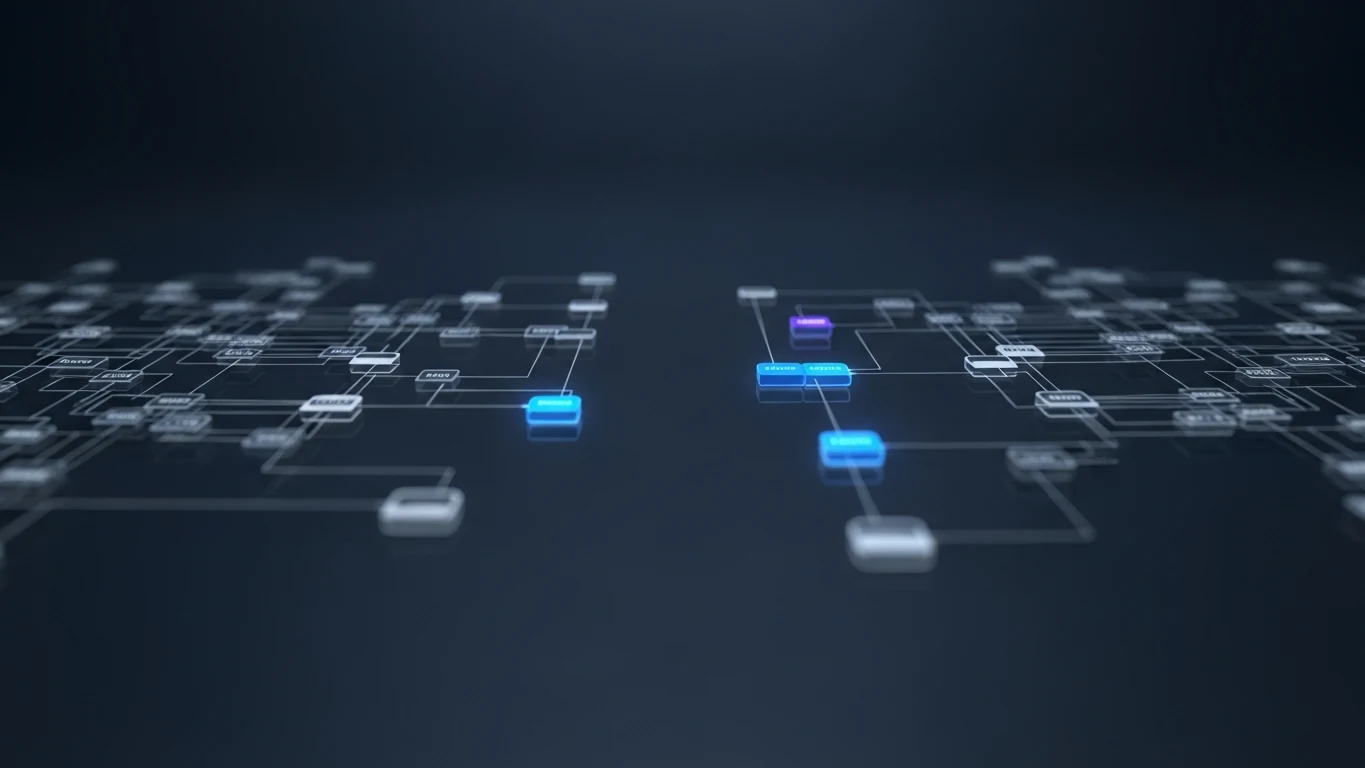 Abstract illustration of two overlapping directory structures rendered as dim steel-blue nodes on a deep slate-navy field, with a small handful of nodes lit in bright blue where the two layers fail to align, representing detected configuration drift.
