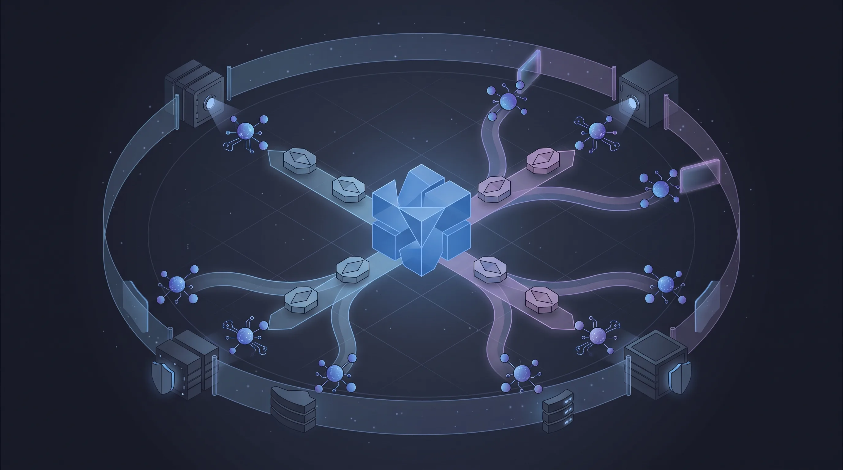 Conceptual illustration of a central broker issuing scoped credential tokens to multiple AI agent nodes requesting access to protected resources.