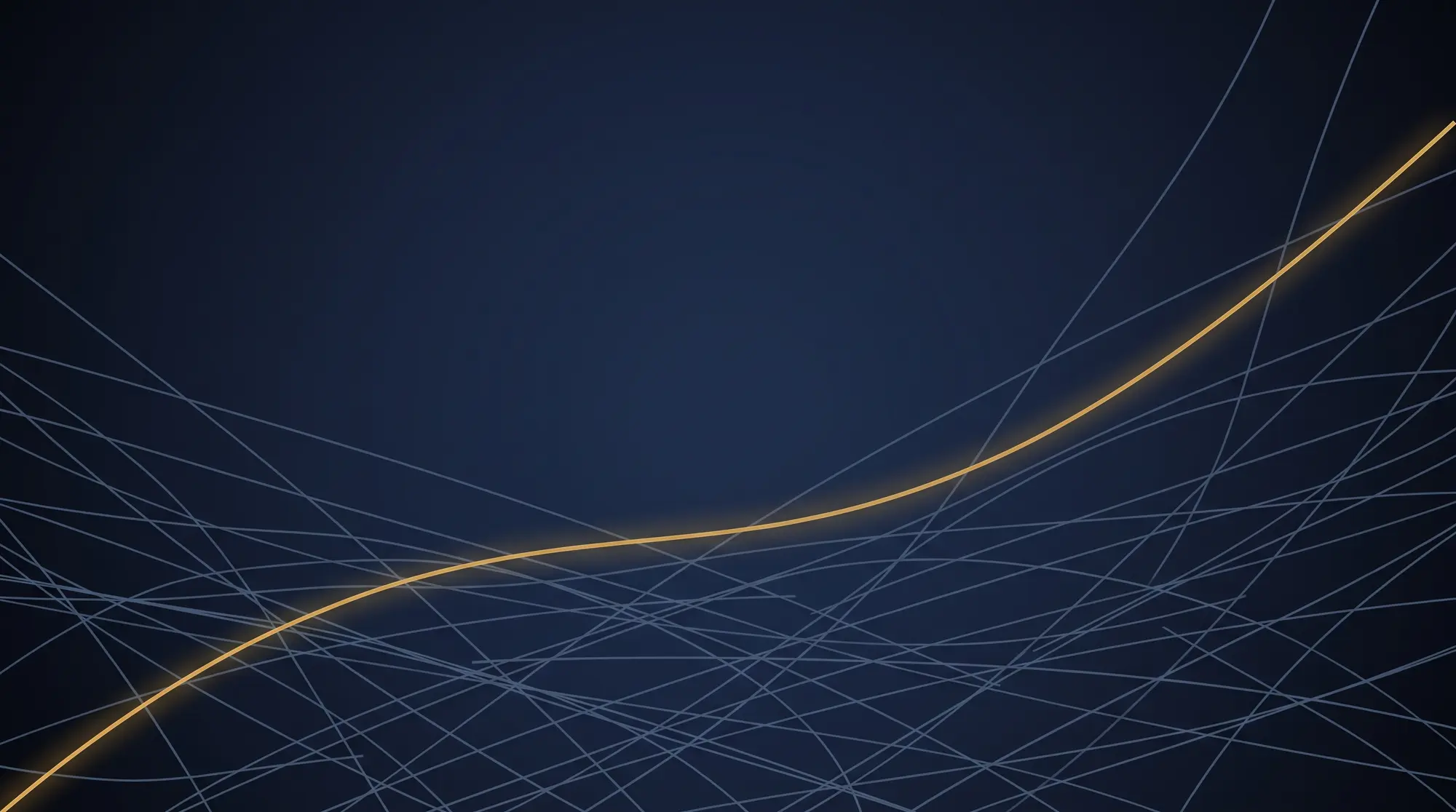 A deep navy field with a single warm gold path that climbs from lower left toward upper right through a loose lattice of thin pale slate lines, the lattice thickest and most tangled near the bottom and thinning out as the gold path rises above it.