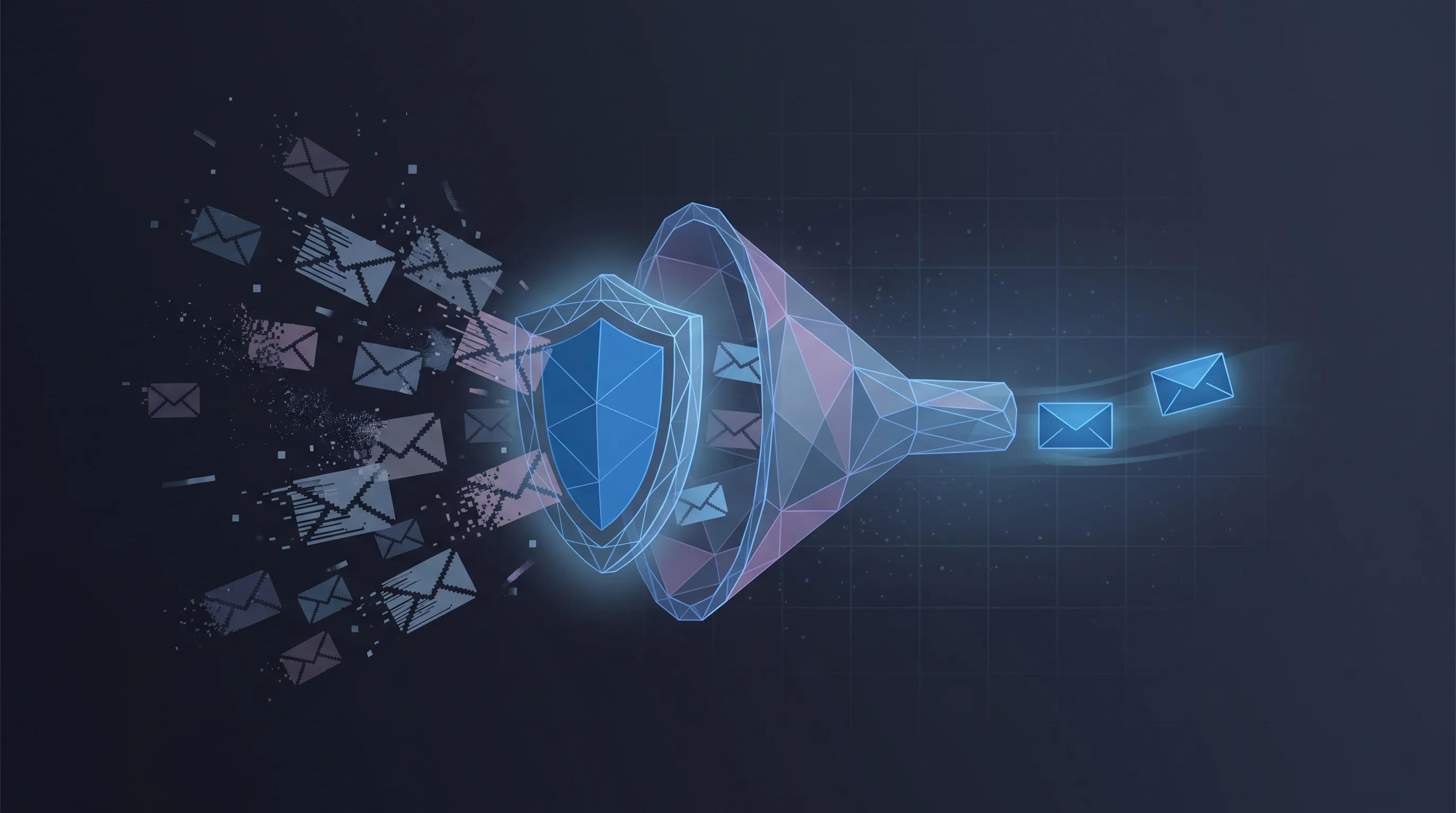 Conceptual illustration of a filter funnel and shield blocking a flood of junk message envelopes while clean messages pass through.