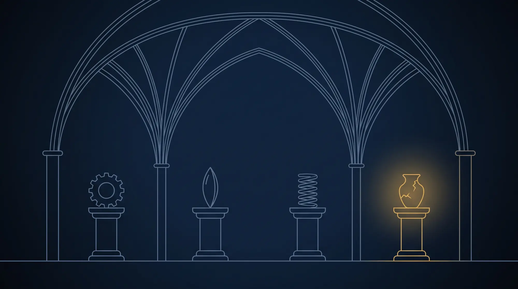 Thin pale-blue line drawing of a vaulted Gothic hall on a deep navy field. Four pedestals stand in a row along a single groundline, each holding one small object: a toothed gear, a pointed oval lens, a coiled spring, and a small cracked vessel. The rightmost pedestal and its cracked vessel are drawn in warm gold and lit by a soft glow; the other three pedestals and their objects are pale slate. Ribbed vaults arch overhead. No people are present.