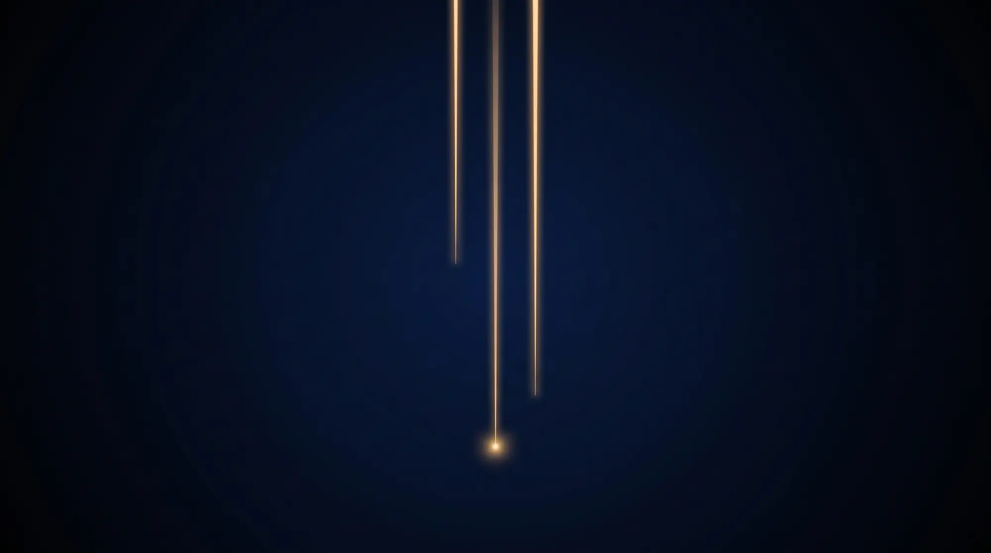 Three narrow vertical beams of pale gold light descend from beyond the top edge of a deep navy field and converge on a single small bright point near the bottom center. The beams are of three visibly different lengths. The field is otherwise empty.