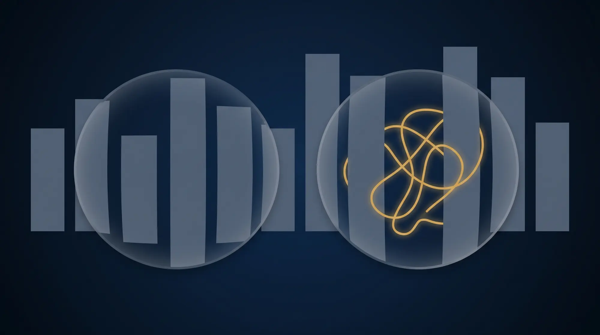 Abstract navy illustration of Unicode prompt injection: a row of slate bars seen through two lenses, one revealing a hidden gold thread between them